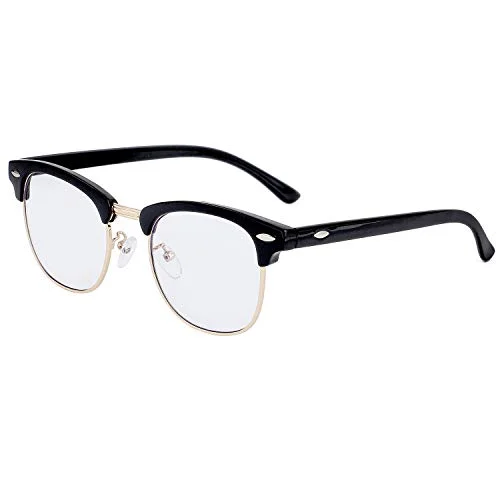 Kursan Blue Light Blocking Glasses for Women Men Semi-Rimless Frame Fake Nerd Eyeglasses (Bright Black Gold)